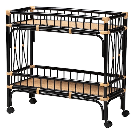Bali & Pari Dalinda Modern Bohemian Two-Tone Black and Natural Brown Rattan 2-Tier Kitchen Cart 241-13396-ZORO